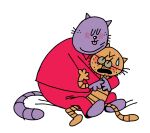 2025 anthro big_jim_(dog_man) blush bottomwear clothing dog_man_(series) domestic_cat duo felid feline felis grampa_(dog_man) hi_res hug male male/male mammal overweight overweight_male pants purple_body shirt simple_background sitting teddyclowns tongue tongue_out topwear white_background
