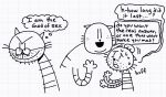 2025 4_fingers anthro big_jim_(dog_man) biped bodily_fluids dialogue dog_man_(series) domestic_cat duo english_text felid feline felis fingers grampa_(dog_man) hi_res mammal open_mouth overweight smile sweat teddyclowns text