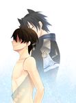  2boys akatsuki3 animal_ears aoi_toori bare_shoulders black_hair bottomless brown_hair clothed_male_nude_male earrings eyes_closed faceless faceless_male hug hug_from_behind jacket jewelry kiss kyoukai_senjou_no_horizon kyoukaisenjou_no_horizon male male_focus multiple_boys naughty_face nude satomi_yoshiyori scar shirtless short_hair smile topless uniform yaoi 