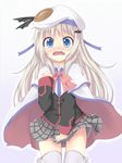  bad_id bad_pixiv_id blue_eyes blush bow cape fang hat intejia little_busters! long_hair no_panties noumi_kudryavka pink_bow school_uniform silver_hair surprised thighhighs 