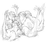 2009 claws crouching dinosaur dromaeosaurid feathers feral group looking_aside mick39 open_mouth prehistoric_species reptile scalie sitting sketch tail tail_tuft theropod tuft