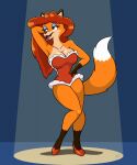 anthro bedroom_eyes big_breasts breasts canid canine cleavage clothed clothed_anthro clothed_female clothing cosplay dress eyeshadow female footwear fox fur green_eyes hair hand_behind_head hand_on_hip hi_res high_heels looking_aside makeup mammal narrowed_eyes open_mouth open_smile orange_body orange_fur red_clothing red_dress red_fox red_hair red_hot_riding_hood seductive sheila_vixen shoes smile solo sparkpad spotlight_beam true_fox