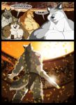 2018 anthro arena big_muscles bottomwear brown_body brown_fur canid canine canis clothing comic damocles_(xxsparcoxx) digital_media_(artwork) domestic_dog fur german_shepherd gladiator grael_(xxsparcoxx) grey_body grey_fur group herding_dog hi_res huge_muscles kraso_(xxsparcoxx) lacorn_(xxsparcoxx) light male mammal melee_weapon multicolored_body multicolored_fur multiple_scenes muscular muscular_anthro muscular_male open_mouth orange_body orange_fur pastoral_dog spanish_text speech_bubble sunlight sunset sword text two_tone_body two_tone_fur warrior weapon welsh_corgi white_body white_fur wolf xxsparcoxx
