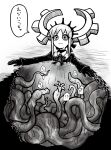  !? 1girl ? absurdres confused deus_ex_maki-chan dress gloves greyscale highres horns kankaku_shadan mechanical_horns monochrome nazo_no_diaboro original ringed_eyes smile solo tentacles through_ground wide-eyed 