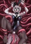4_toes anthro arms_tied bottomwear bound bulge bunny_costume canid canine canis clothed clothing costume crossdressing digital_media_(artwork) fake_ears fake_rabbit_ears fake_rabbit_tail fake_tail feet femboy fishnet_clothing fishnet_legwear fur hair heavenlyheart hi_res lagomorph legs_tied legwear male mammal nipples open_mouth restrained restrained_by_tentacles solo spread_legs spreading stockings tail tentacles toes tongue tongue_out wolf
