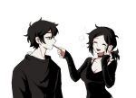  1boy 1girl :d ^_^ ahoge andrew_graves arms_at_sides ashley_graves bad_id bad_twitter_id black_hair black_shirt black_sweater bra_strap breasts brother_and_sister cleavage closed_eyes collarbone facing_another feeding fingernails from_side green_eyes hair_between_eyes hair_tie hand_on_own_cheek hand_on_own_face hands_up long_sleeves looking_at_another low_ponytail medium_breasts medium_hair open_mouth parted_bangs pendant_choker ponytail shirt short_hair siblings simple_background sleeves_past_wrists smile sweater tag teeth the_coffin_of_andy_and_leyley tongue upper_body upper_teeth_only watasi_tokimi white_background 