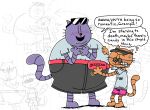 2025 anthro belly big_belly big_jim_(dog_man) bottomwear clothing dialogue dog_man_(series) domestic_cat duo english_text eyewear eyewear_on_head felid feline felis grampa_(dog_man) hi_res male mammal overweight overweight_male purple_body shirt shorts sunglasses sunglasses_on_head teddyclowns text topwear
