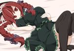  animal_ears bad_id bad_pixiv_id between_breasts bow braid breasts brown_legwear cat_ears dress green_dress hair_bow hand_on_own_stomach kaenbyou_rin kuromari_(runia) large_breasts long_hair lying on_back puffy_sleeves red_eyes red_hair short_sleeves solo thighhighs touhou twin_braids twintails very_long_hair zettai_ryouiki 