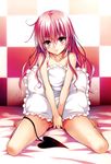  absurdres barefoot checkered covering covering_crotch demon_tail frilled_pillow frills highres lips long_hair nana_asta_deviluke nude nude_cover pillow pink_eyes pink_hair scan sitting solo tail to_love-ru to_love-ru_darkness wariza yabuki_kentarou 
