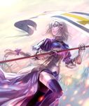  armor armored_dress bad_id bad_pixiv_id black_legwear blonde_hair bow braid capelet dress fate/apocrypha fate/zero fate_(series) flag gauntlets hair_bow hallch headpiece holding jeanne_d'arc_(fate) jeanne_d'arc_(fate)_(all) lips long_hair pink_eyes purple_eyes purple_legwear short_hair silver_hair single_braid solo thighhighs 