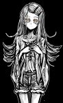  1girl flat_chest gakuen_idolmaster hands_on_own_chest highres idolmaster jacket long_hair looking_at_viewer monochrome nazo_no_diaboro open_clothes open_jacket orange_eyes shinosawa_hiro shorts skinny smile solo spot_color 