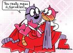 2025 anthro big_jim_(dog_man) blush cape carrying_another clothing dog_man_(series) domestic_cat duo eyewear felid feline felis glasses grampa_(dog_man) hi_res male male/male mammal overweight overweight_male purple_body superhero_costume teddyclowns