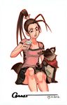  alternate_costume angry bag brown_eyes brown_hair casual cookie cup don_(street_fighter) drinking_straw food ibuki_(street_fighter) omar_dogan open_mouth paper_bag signature sitting skirt street_fighter tanuki 