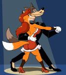 anthro arm_around_partner arm_around_waist bare_back bedroom_eyes big_breasts big_butt breasts brown_body brown_fur butt canid canine canis clothing dancing dress duo eye_contact facial_hair female footwear fox fur gloves green_eyes hair hand_holding handwear hi_res high_heels looking_at_another male male/female mammal mustache narrowed_eyes orange_body orange_fur red_clothing red_dress red_fox red_hair seductive sheila_vixen shoes side_boob smile smiling_at_another smiling_at_partner sparkpad spotlight_beam suit_and_tie tail true_fox white_clothing white_gloves white_handwear wolf wolf_(tex_avery)