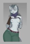 anthro belt blue_eyes bottomwear breasts clothed clothing clothing_lift exposed_breasts eyelashes fara_goldwyn felid female fur green_bottomwear green_clothing green_pants grey_body grey_fur grey_hair hair hi_res jewelry looking_at_viewer mammal markings mouth_markings navel nipples pantherine pants pendant pink_nipples rai_(artist) scarf shirt shirt_lift small_breasts snow_leopard solo spots spotted_body spotted_fur tail topwear white_body white_fur