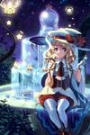  blonde_hair drill_hair food fountain fruit gloves grapes hat hat_ribbon holding juby original pantyhose purple_eyes ribbon sitting solo star white_gloves white_legwear witch witch_hat 