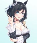  1girl :d animal_ears arm_under_breasts black_hair blue_background blue_eyes blush bob_cut breasts choker cleavage dirndl ear_scrunchie eishin_flash_(umamusume) from_side german_clothes gradient_background hair_between_eyes highres horse_ears horse_girl ichimai_(apieceof_ray151) index_finger_raised large_breasts long_sleeves looking_at_viewer looking_to_the_side red_choker scrunchie short_hair simple_background smile solo swept_bangs umamusume upper_body white_scrunchie 