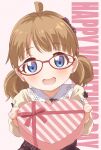  1girl :d ahoge black_bow black_skirt blue_eyes bow box brown_hair collared_shirt commentary_request earrings gift gift_box glasses hair_bow happy_valentine heart heart-shaped_box heart_earrings highres holding holding_gift idolmaster idolmaster_million_live! incoming_gift jewelry looking_at_viewer medium_hair official_alternate_costume official_alternate_hairstyle open_mouth red-framed_eyewear shirt skirt smile solo suou_momoko toma_(shinozaki) twintails white_background yellow_shirt 