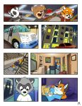 ailurid anthro art_(pandapaco) bass_guitar bear biro_(pandapaco) bottomwear canid canine car cheek_tuft clothed clothing comic detailed_background dipstick_tail drum drum_set duo electric_guitar eyewear facial_tuft feet_together footwear fox fully_clothed giant_panda gloves_(marking) guitar hi_res julio_(pandapaco) male mammal markings musical_instrument nemo_(pandapaco) pandapaco parinton percussion_instrument plucked_string_instrument procyonid raccoon red_panda string_instrument tail tail_markings tuft vehicle