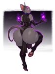 2025 4_toes anthro barefoot big_butt biped boosterpang boots butt clothed clothing domestic_cat eyewear facial_piercing fangs feet felid feline felis femboy footwear glasses gloves glowing glowing_eyes grey_body grey_skin hairless hairless_cat handwear hi_res jewelry legwear lips looking_at_viewer looking_back looking_back_at_viewer magic male mammal necklace nose_piercing nose_ring open_mouth open_smile oswald_(ozthegoblin) pawpads paws piercing purple_sclera rear_view ring_piercing round_glasses shoes simple_background smile solo sphynx_(cat) symbol tail teeth thigh_boots thigh_highs toes
