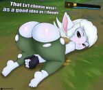 ass_up barefoot big_butt black_clothing black_gloves black_handwear black_nails blue_body blue_fur blush bottomwear brown_clothing brown_topwear butt clothing colored_nails defeated dialogue eyelashes feet female fingerless_gloves fur gloves green_bottomwear green_clothing green_pants hair handwear hi_res humanoid humanoid_pointy_ears league_of_legends looking_at_viewer looking_back looking_back_at_viewer lying madmanart nails on_front pants pointy_ears rear_view riot_games short_hair short_stack solo tencent text thick_thighs topwear torn_bottomwear torn_clothing torn_pants tristana_(lol) white_hair wide_hips yellow_eyes yordle
