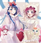  :d animal_ears blue_eyes blue_hair blush bow coat coco_(yes!_precure_5) english_text fox fox_ears half-heart_hands heart heart_hands highres long_hair long_sleeves looking_at_viewer milk_(yes!_precure_5) minazuki_karen official_alternate_costume pink_hair precure purple_eyes rabbit rabbit_ears red_bow sakumupre5 short_hair smile thick_eyebrows yes!_precure_5 yumehara_nozomi 