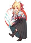  1girl arm_behind_back bilibili_956501 black_hakama blonde_hair boots bow child chinese_commentary commentary_request floral_print from_side full_body gift_art hair_between_eyes hair_bow hair_ornament hairclip hakama hand_up heterochromia highres indie_virtual_youtuber japanese_clothes kaofish kimono lace-up_boots long_bangs long_sleeves looking_at_viewer obi open_mouth patterned_background red_eyes sash second-party_source smile standing timestamp w white_background yellow_eyes 