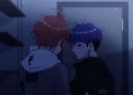  2boys ahoge black_haori blue_eyes blue_hair bun250402 door earrings eyepatch face_piercing from_behind grey_jacket haori hood hoodie indoors jacket japanese_clothes jewelry light_switch looking_back male_focus multiple_boys omokage_yugamu parted_lips piercing red_hair short_hair sumino_takumi the_hundred_line_-last_defense_academy- upper_body white_hoodie 