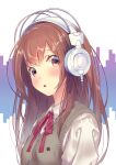  1girl blush brown_eyes brown_hair cable collared_shirt colored_eyelashes commentary_request dot_nose expressionless eyelashes eyes_visible_through_hair green_vest hair_between_eyes headphones kinugasa_yuuichi lips listening_to_music long_hair looking_at_viewer neck_ribbon open_mouth original pink_lips puffy_sleeves purple_background red_ribbon ribbon shirt sidelocks solo sweater_vest tareme two-tone_background upper_body very_long_hair vest white_background white_shirt 