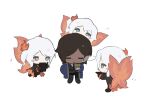  4girls ardor_blossom_star_(e.g.o) blush_stickers brown_coat brown_gloves brown_hair chibi clone coat e.g.o_(project_moon) faust_(project_moon) fiery_clothing fiery_wings gloves lce_(identity)_(project_moon) limbus_company lobotomy_corporation_(identity)_(project_moon) magic_bullet_(e.g.o) medium_hair multiple_girls outis_(project_moon) project_moon salaboten short_hair side_ponytail simple_background single_blush_sticker smoking_pipe white_background white_hair wings 