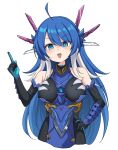  1girl :d ahoge bare_shoulders black_dress black_gloves blue_eyes blue_hair breasts cropped_torso dress duel_masters duel_masters_play's elbow_gloves gloves hair_between_eyes hand_on_own_hip hand_up headgear highres index_finger_raised long_hair medium_breasts multicolored_hair q.e.d._(duel_masters) rumiya9i simple_background sleeveless sleeveless_dress smile solo two-tone_hair upper_body v-shaped_eyebrows very_long_hair white_background white_hair 