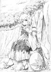  animal_ears eating greyscale hat inubashiri_momiji looking_at_viewer monochrome shield short_hair sitting solo sword tail tokin_hat touhou traditional_media vent_arbre weapon wolf_ears 