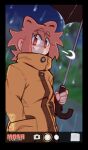 2023 absurd_res animal_ears animal_humanoid anthro blurred_background breasts camera_hud canid canid_humanoid canine canine_humanoid clothed clothed_anthro clothed_female clothing coat derpyfox_36 digital_drawing_(artwork) digital_media_(artwork) english_text eye_through_hair eyebrow_through_hair eyebrows female fingers front_view hair hand_in_pocket hi_res holding_object holding_umbrella humanoid light_body light_skin mammal mammal_humanoid mona_(derpyfox_36) orange_ears orange_eyebrows orange_eyes orange_hair orange_text outside pockets portrait raincoat raining solo tanuki_humanoid text three-quarter_portrait topwear translucent translucent_hair umbrella watermark white_text