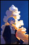  1girl black_choker blue_eyes blue_hair blue_sky bow bowtie choker cloud coat collared_shirt cumulonimbus_cloud highres hololive hoshimachi_suisei looking_to_the_side pixel_art pleated_skirt shaachi shirt short_hair skirt sky solo standing virtual_youtuber white_shirt 