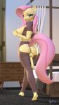 3d_(artwork) animal_genitalia animal_penis anthro anthrofied anthroponiessfm balls big_breasts biped breasts butt chaps clothed clothing crossgender detailed_background digital_media_(artwork) equid equine equine_genitalia equine_penis eyebrows fluttershy_(mlp) friendship_is_magic ftg_crossgender fti_crossgender genitals gynomorph hair hasbro hi_res inside intersex looking_at_viewer looking_back mammal my_little_pony nipples penis pink_hair solo thick_thighs three-quarter_view yellow_body
