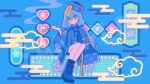  1girl absurdres blue_background blue_hair blue_hat blue_theme boots china_dress chinese_clothes cloud_print dress egasumi hair_between_eyes happy_(happi_illust) hat heart highres holding holding_smoking_pipe jiangshi legs_together long_hair long_sleeves looking_at_viewer low_twintails original qingdai_guanmao sitting smoking_pipe twintails 