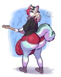 2025 anthro big_bulge big_butt biped boosterpang bottomwear bulge butt canid canine canis clothing detailed_bulge ear_piercing electric_guitar fluffy fluffy_tail footwear genital_outline genitals green_eyes guitar hair half-erect hat headgear headwear hi_res hotpants huge_bulge hyper hyper_bulge kay-kay(kaibawolf) lips long_hair looking_at_viewer looking_back looking_back_at_viewer male mammal multicolored_hair musical_instrument penis penis_outline piercing plucked_string_instrument rear_view shirt shorts socks solo string_instrument tail thick_lips topwear wolf