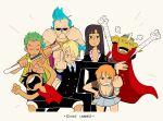  2girls 5boys black_dress black_hair black_suit blonde_hair blue_hair cape cesel clenched_hands closed_mouth commentary curly_eyebrows dress english_commentary franky_(one_piece) green_hair hand_on_own_hip holding holding_sword holding_weapon log_pose long_hair looking_at_viewer mask middle_finger monkey_d._luffy multiple_boys multiple_girls nami_(one_piece) nico_robin one_piece orange_hair pompadour red_cape red_shirt roronoa_zoro sanji_(one_piece) shirt short_hair skirt sleeveless sogeking straw_hat_pirates suit sunglasses sword tears usopp weapon 