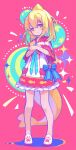 1girl animal_hands animal_print bilibili_3461583319600097 blonde_hair blush bow braid capelet cat_paws chinese_commentary commentary_request crossed_arms dress facing_viewer fins fish_print fish_tail frilled_dress frills full_body hair_between_eyes hair_ornament hairclip heterochromia highres indie_virtual_youtuber kaofish long_bangs looking_at_viewer patterned_background pink_background red_eyes shadow shark_tail shoes side_braid smile standing star_(symbol) tail white_shoes yellow_eyes 