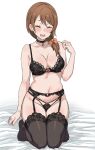  1girl black_bra black_choker black_panties black_thighhighs blush bow bra breasts brown_hair choker closed_eyes commentary_request cutiemachina earrings garter_belt garter_straps hair_bow hair_over_shoulder heart highres jewelry kneeling lace-trimmed_bra lace-trimmed_panties lace-trimmed_thighhighs lace_trim lingerie mature_female medium_breasts medium_hair mole mole_on_breast mole_on_leg mole_on_neck natsuki_naoko natsuki_subaru navel panties pink_background re:zero_kara_hajimeru_isekai_seikatsu ring shirt solo sparkle stud_earrings sweat sweatdrop thighhighs underwear wedding_ring 