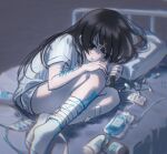  ame-chan_(needy_girl_overdose) bags_under_eyes bandaged_leg bandages bed black_eyes black_hair blood blue_blood blurry_border curled_up drugs from_above hair_ornament hair_over_eyes hand_on_own_knee highres holding holding_own_hair hospital_bed hospital_gown intravenous_drip koharustuki long_hair lying messy_hair needy_girl_overdose on_side open_mouth pillow self-harm_scar sidelocks socks white_socks wrist_cutting x_hair_ornament yami_kawaii 