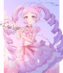  1girl ahoge aozora_himari blush border cherry_blossoms clear_sky commentary_request cowboy_shot dress dress_flower dress_ribbon drill_hair flower highres himitsu_no_aipri long_hair looking_at_viewer medium_dress neck_ribbon outdoors outside_border parted_lips pink_dress pink_flower pink_ribbon pretty_series purple_eyes purple_sky ribbon see-through_clothes see-through_sleeves short_sleeves sky solo standing sui@tenshi twin_drills very_long_hair white_border white_flower 