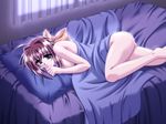  1girl bed bed_sheet blush brown_hair covering game_cg green_eyes hair_ribbon koji_himeko nude ribbon tsukushite_agechau_4 