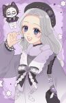  1girl ^_^ ahoge animal bag beret bespectacled black_bag black_bow black_bowtie black_cloak black_hat blue_eyes bow bow_earrings bowtie brooch buttons carefree_moments_(infinity_nikki) cat cloak closed_eyes clothed_animal collared_jacket commentary_request ear_covers earrings eyelashes eyeshadow fake_facial_hair fake_mustache forehead frilled_bag frilled_sleeves frills fur_scarf glasses grey-framed_eyewear grey_hair grey_shirt half-heart_hands hand_up happy hat hat_bow hat_ornament heart heart_brooch heart_hat_ornament heart_print highres hood hood_up hooded_cloak infinity_nikki jacket jewelry jirai_kei lace-trimmed_jacket lace-trimmed_shirt lace_trim light_blush lipstick long_hair long_sleeves looking_at_viewer makeup momo_(nikki) monocle navel neneko_(nnk_suimin) nikki_(series) official_alternate_costume open_mouth original outside_border palms pink_eyeshadow pink_lips puffy_long_sleeves puffy_sleeves purple_background purple_bow purple_brooch purple_jacket purple_vest scarf shirt shoulder_bag single_earring smile solo star_(symbol) striped_bow striped_bowtie striped_clothes teeth turtleneck turtleneck_shirt two-tone_bow two-tone_bowtie upper_body upper_teeth_only v-shaped_eyebrows vest wavy_hair whiskers white_bow white_bowtie white_cat white_scarf white_shirt 