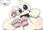 blue_eyes blush bodily_fluids hi_res male nude pawpads rain_world slugcat snowy_(furrito_thicc) solo sweat sweatdrop tablet_pen thick_thighs videocult