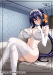  1girl battery_indicator black_hair bra breasts commentary_request couch elbow_gloves finger_to_mouth gloves hair_ribbon hellandheaven high_school_dxd highres himejima_akeno huge_antenna_hair indoors lace-trimmed_bra lace-trimmed_gloves lace-trimmed_legwear lace_trim large_breasts long_hair looking_at_viewer maid_headdress on_couch orange_ribbon paid_reward_available panties parted_lips patreon_username ponytail purple_eyes ribbon smile solo thighhighs underwear very_long_hair viewfinder white_bra white_gloves white_panties white_thighhighs 
