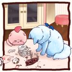  :3 ahoge anger_vein animal_ear_fluff animal_hands blue_fur blue_wings broken cat cat_paws chibi chibi_only creature door from_above head_down highres hololive indoors looking_down maguchi_(sakura_miko) out_of_frame pet pink_fur pointing pointing_at_another rug scolding slippers smoke stool sulking tail takoyaki_(hoshimachi_suisei) toilet_paper unworn_slippers wings wooden_floor yealzero 