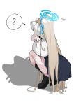  1girl ? absurdres asuna_(blue_archive) asuna_(school_uniform)_(blue_archive) black_skirt blonde_hair blue_archive blue_halo blue_ribbon breasts cat_shadow_puppet_(meme) halo highres huge_breasts jahe_(73732258) long_hair meme pleated_skirt ribbon shirt skirt sleeves_rolled_up solo squatting thighs v very_long_hair white_shirt 