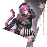  1girl animal_ear_fluff animal_ears asymmetrical_legwear black_hat black_skirt black_tank_top bodystocking breasts cat_ears cat_girl cat_tail collar crossed_legs fishnet_pantyhose fishnets goth_fashion hair_intakes hat highres hololive hololive_english large_breasts miniskirt mismatched_legwear panther_girl pantyhose parted_lips pink_hair raora_panthera seventeencrows sitting skirt skull solo spiked_collar spikes striped_clothes striped_sleeves striped_thighhighs tail tank_top thighhighs virtual_youtuber yellow_eyes 