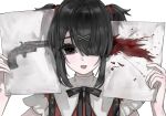  ame-chan_(needy_girl_overdose) black_eyes black_hair blunt_bangs blush drugs fake_blood gun_to_head hair_ornament hair_over_one_eye hair_tie highres holding holding_paper meme neck_ribbon needy_girl_overdose open_mouth paper paper_gun_suicide_(meme) red_pupils ribbon short_twintails sidelocks suki_72 suspenders tongue tongue_out twintails upper_body white_background x_hair_ornament 